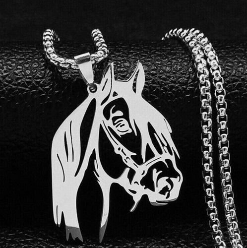 Silver horsehead pendant necklace with detailed design on a 3mm chain.