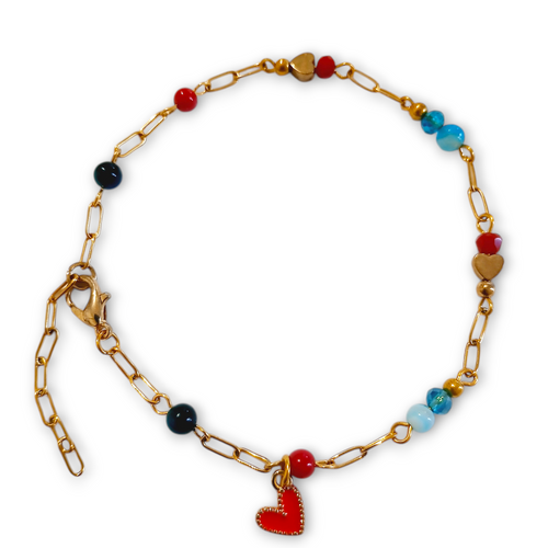 Red Coral Blue Agate Gold Loveheart Bracelet with beaded gemstones and charm.