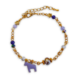 Purple Jade bead and chain horse charm bracelet with purple chalcedony, gold star beads, and a purple enamel horse charm.