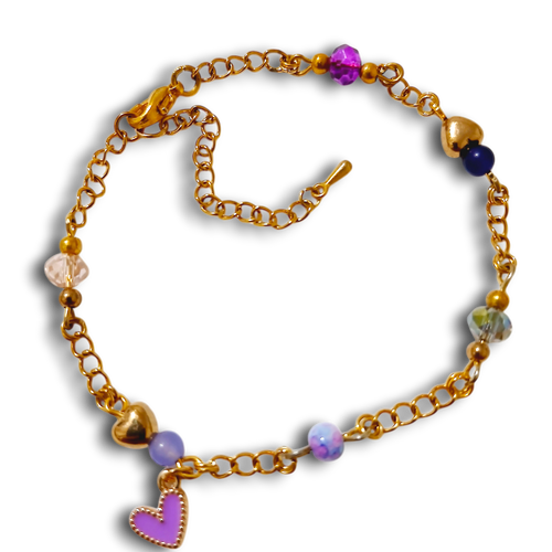 Purple Loveheart Charm Gold Bracelet with gemstone beads and purple heart charm.