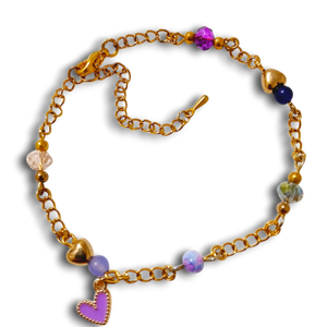 Purple Loveheart Charm Gold Bracelet with gemstone beads and purple heart charm.