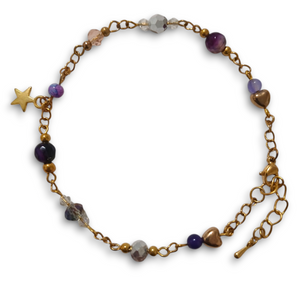 Purple Gemstone Crystal Beaded Gold Chain Bracelet with Agate and Star Charm