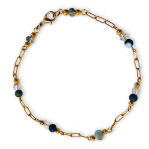 Blue Tigerseye Sodalite Bracelet with gold stainless steel chain, tiger's eye and sodalite beads, crystal accents, and a horse charm.