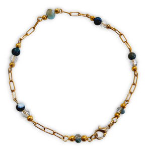 Blue Tigerseye Sodalite Bracelet with gold stainless steel linked chain and beads.