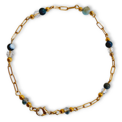 Blue Tigerseye Sodalite Bracelet with gold stainless steel chain, zircon beads, crystals, and horse charm.