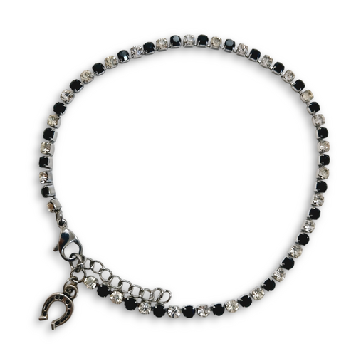 Black White Horseshoe Anklet with crystal stones and silver charm.