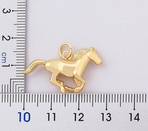 Horse Body Gold Pendant Necklace with a gold plated horse design in fast canter, 45cm chain, shown with measurement.