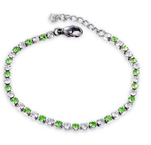 Green clear cubic zirconia tennis bracelet with stainless steel and lobster claw clasp.