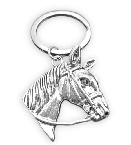 Antique silver horsehead keyring with bridle detail, 7cm x 4cm, unique accessory for horse enthusiasts.