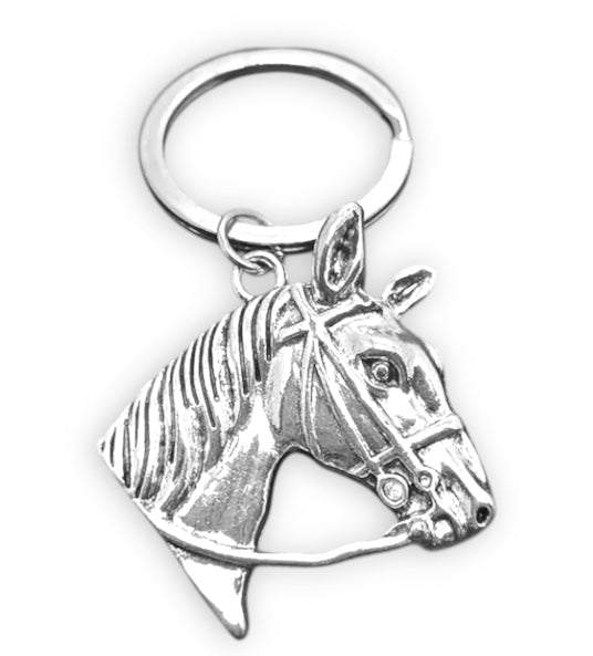 Antique silver horsehead keyring with bridle detail, 7cm x 4cm, unique accessory for horse enthusiasts.