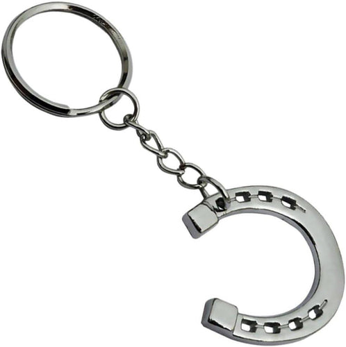 Silver metal horseshoe keyring with split ring and shiny design.