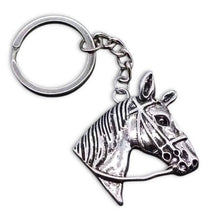 Antique Silver Horsehead Keyring with bridle detail, durable and stylish accessory.