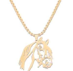 Gold horse head necklace with detailed stainless steel pendant.