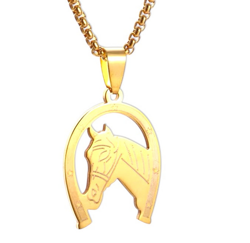 Horseshoe gold necklace with engraved horse head in stainless steel.