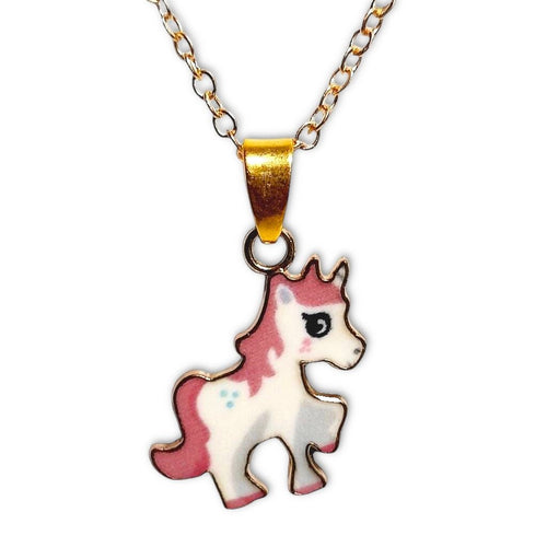 Light pink pony pendant necklace with gold plated chain, jewelry gift bag included.