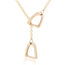 Stainless steel gold horse rider stirrup necklace with 1cm-wide stirrups, 50cm link chain.