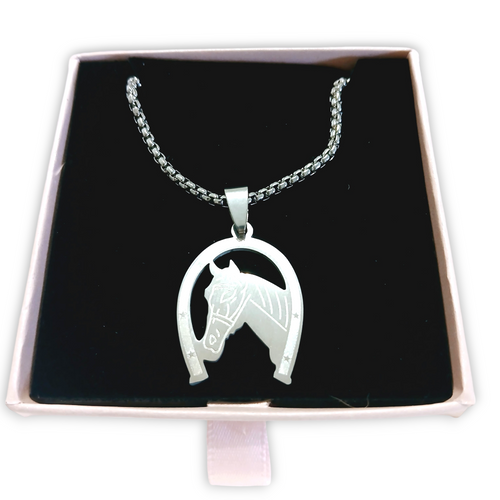 Horse silver necklace with engraved horse head inside a horseshoe pendant.