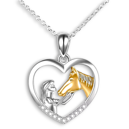 Silver loveheart necklace with girl and gold horse in crystal pendant.