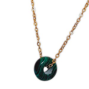 Malachite Donut Necklace with gold stainless steel chain.