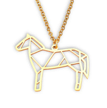 Geometric gold standing horse necklace with stainless steel chain.