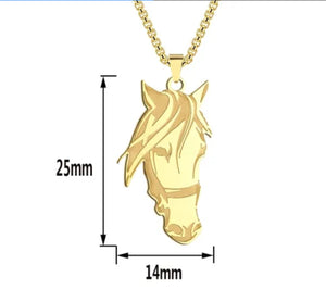 Gold horse head pendant necklace with 60cm stainless steel chain.