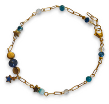 Lapis lazuli blue striped agate blue star bracelet -with gold stainless steel chain and crystal rondels.