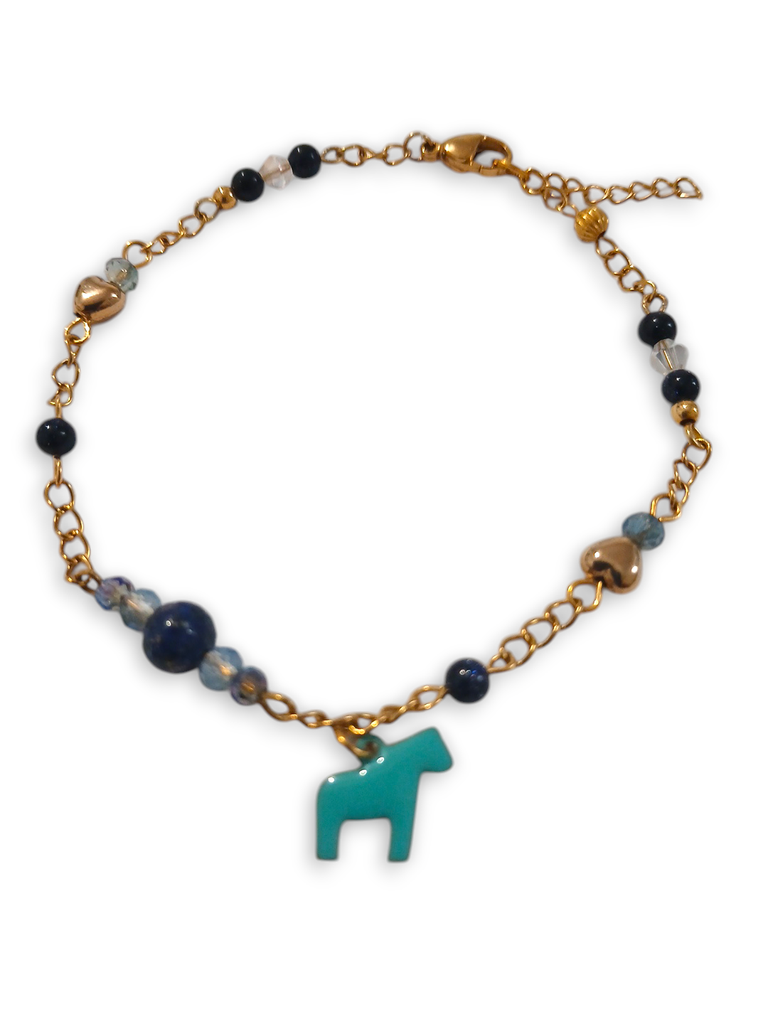 Blue Gemstone Horse Charm Bracelet with lapis lazuli beads, gold chain, and enamel pony charm.