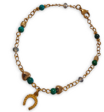 Chrysocolla and Horseshoe Bracelet - with horseshoe charm and green-bltttgg= ue gemstone beads.