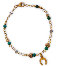  Chrysocolla and Horseshoe Bracelet - with gemstone beads and horseshoe charm on gold chain.