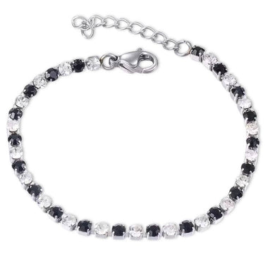 Cubic Zirconia Tennis Bracelet with black and clear stones in stainless steel, 18cm length.