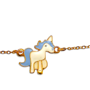 Unicorn Blue White GP Bracelet with gold plated unicorn pendant on linked chain.