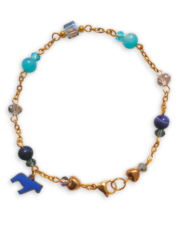 Blue gemstone beads and crystal cube horse charm bracelet with gold stainless steel chain.