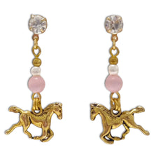 Gold horse earrings with pink catseye bead and pearl accents.