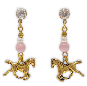 Diamonte Catseye Horse Earrings with gold studs, pearl, and pink catseye bead design.