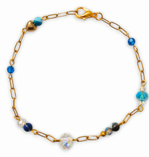 Clear crystal gemstone gold linked bracelet - with sodalite and blue striped agate beads on gold paperclip chain.