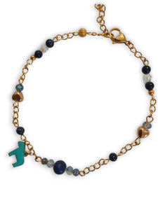 Blue Gemstone Horse Charm Bracelet with blue stone beads, lapis lazuli, gold chain, and pony charm.