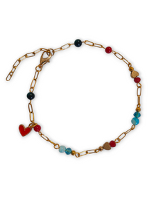 Red Coral loveheart Bracelet - with gold stainless steel chain and gemstone beads.