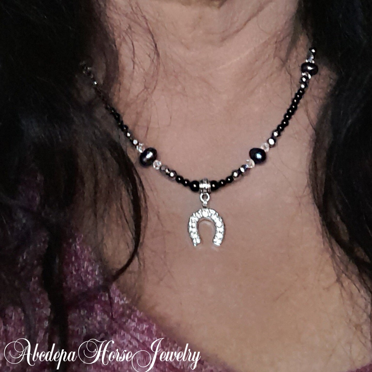 Black Tahitan Pearls with Crystals and Black Beaded Horseshoe Necklace