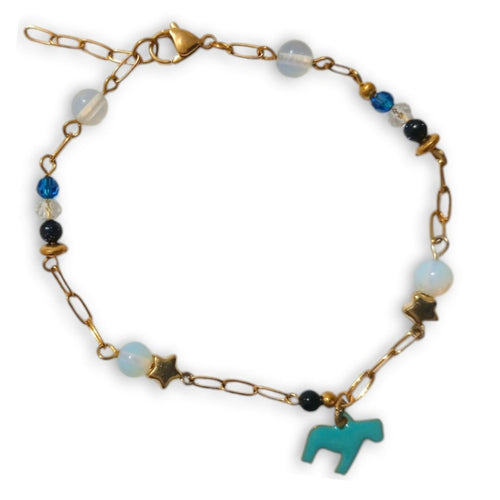 Goldstone Opalite Horse Charm Bracelet with 6mm Opalite and Blue Goldstone beads on a gold chain, featuring blue crystals and a blue enamel horse charm.