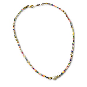 Colorful seedbead pearl necklace with gold accents and lobster claw clasp.