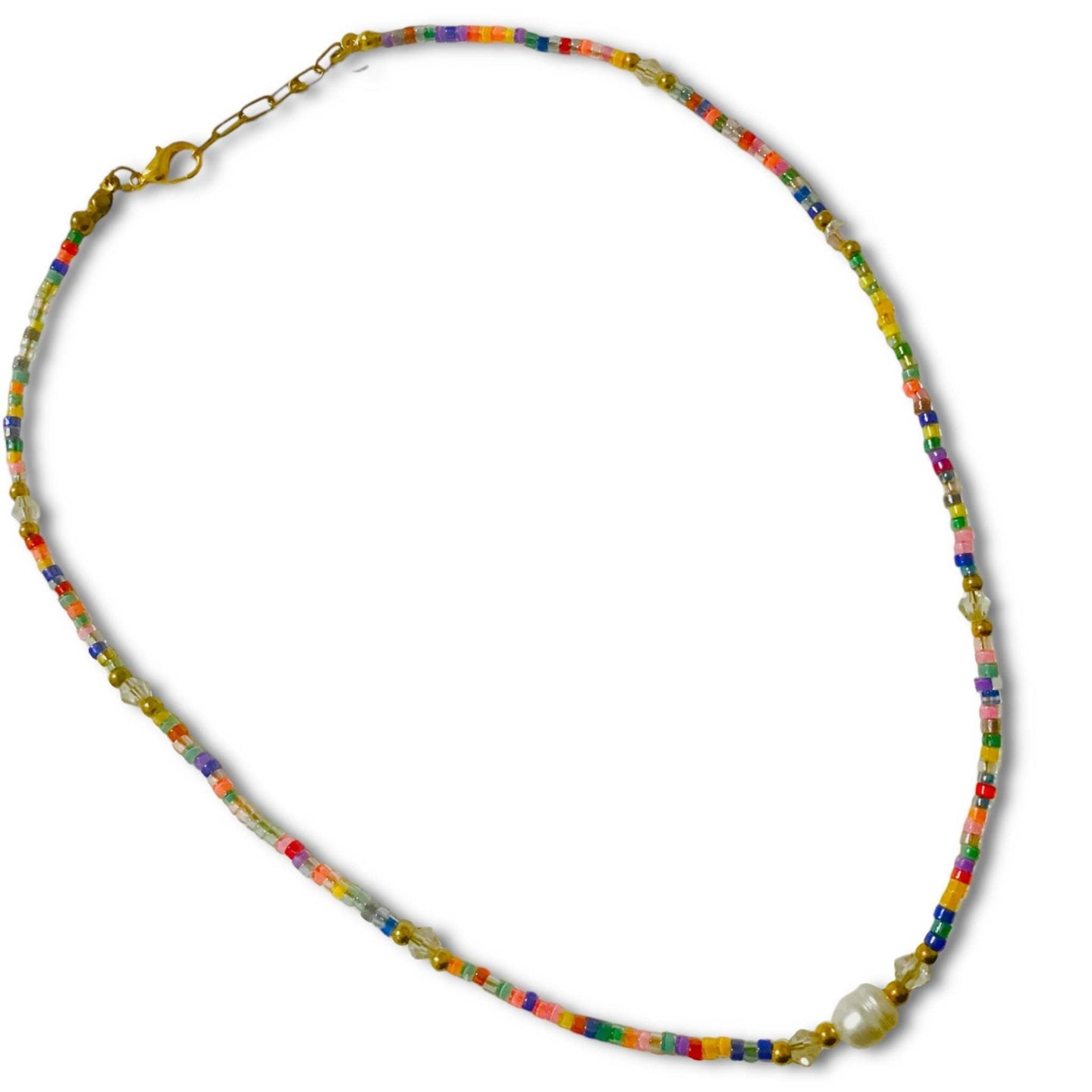 Colorful seedbead pearl necklace with gold accents and clear crystal bicones.