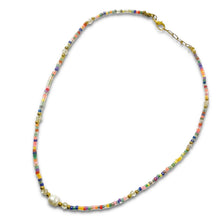 Colorful seedbead pearl necklace with gold accents and lobster claw clasp.