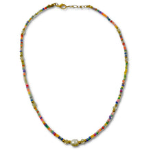 Colorful seedbead pearl necklace with gold accents and a central pearl.