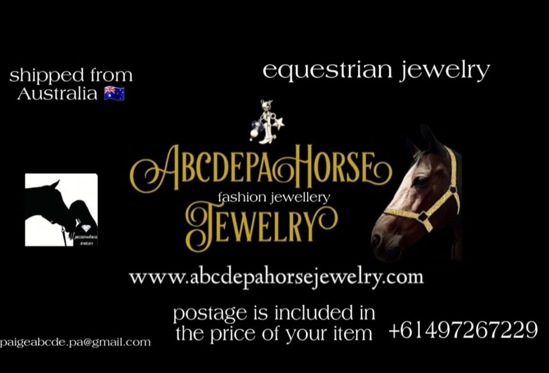 AbcdepaHorseJewelry website address with horse head photo next to writing 