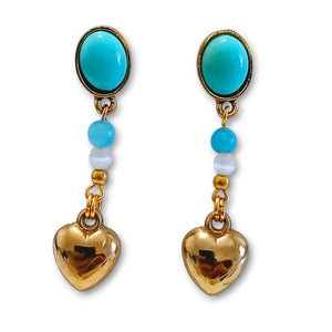 Aquamarine beaded catseye gold dangle earrings with love heart design.