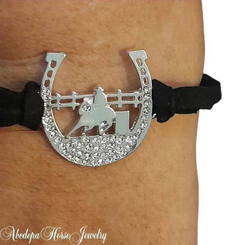 Barrel Racer Silver and Black Bracelet with horseshoe and crystal accents on black cord.