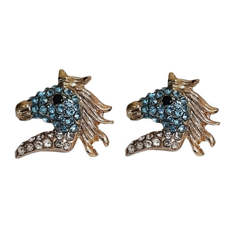 Beautiful Blue Gold Crystal Horse Head Studs - AbcdepaHorseJewelry