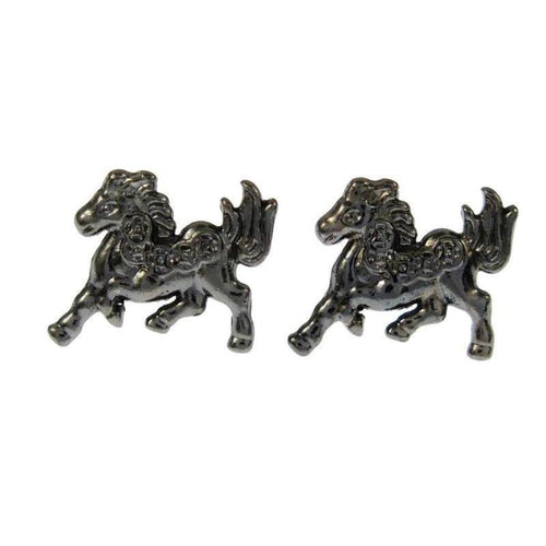 Black enamel horse stud earrings with extended front leg, 1cm size, rubber back clasp.