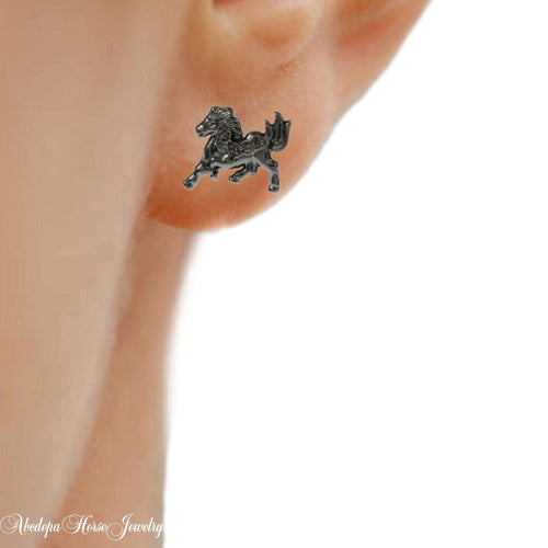 adorable trotting black horse studs earrings - trotting pony design, 1cm size, rubber push-on clasp.