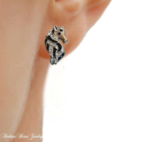 Black White Horse Pony Earrings - with crystal stripes and secure metal backs.